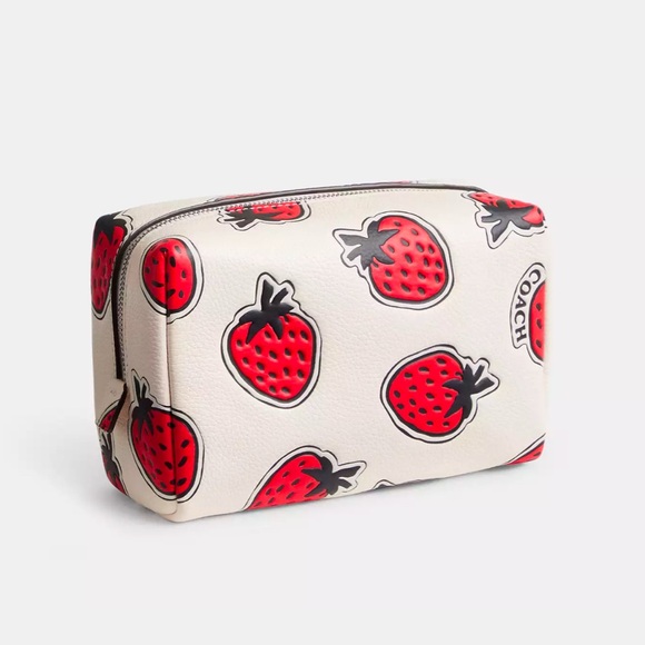 Coach Essential Cosmetic Pouch With Strawberry Print in Chalk Pebble Leather NWT - Picture 6 of 14